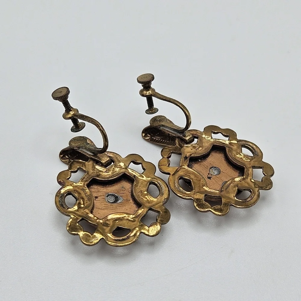 VINTAGE Victorian Style Gold Tone Dangle Earrings Screw Clip Back MCM